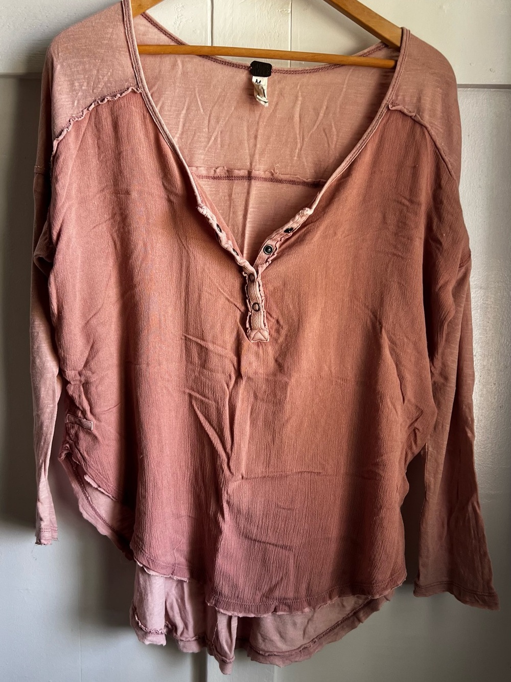 Free People Dusty Rose Washed Henley Long Sleeve Top